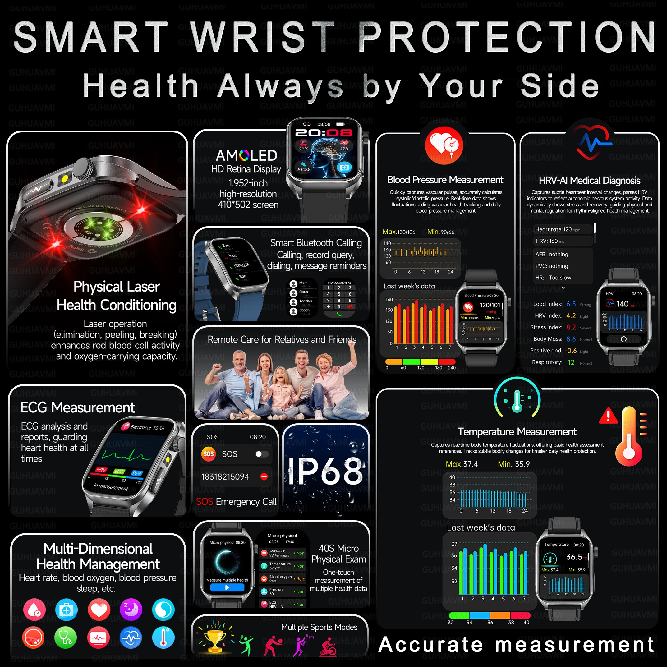 2025New AI-GPT Laser Treatment SmartWatch Sapphire screen Blood fat Uric Acid ECG+PPG Health Diagnosis BT Call Bracelet Men lady