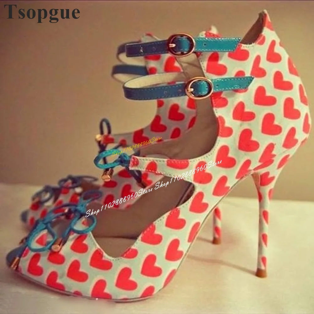 

Mixed Heart Print Bowknot Decor Sandals Thin High Heel Women Shoes Ankle Buckle Strap Peep Toe 2024 Fashion Zapatos Para Mujere