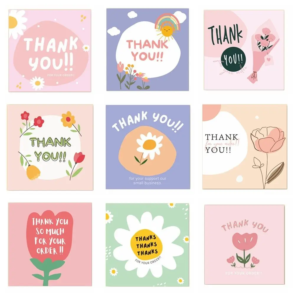 50PCS Thank You Cards Cartoon Flower Gratitude Labels Multicolor Greeting Postcards Event Ornament Home Decorations 6cm*6cm