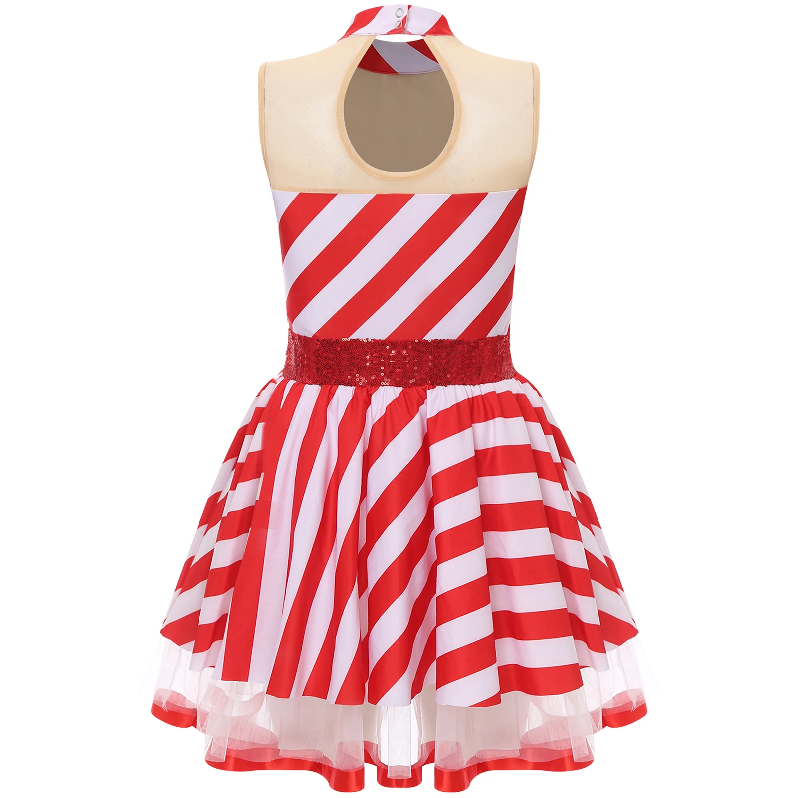 Women Christmas Candy Cane Costume Sleeveless Sequins Striped Tutu Dress Comfortable to Wear Parties Performance Cosplay Dresses