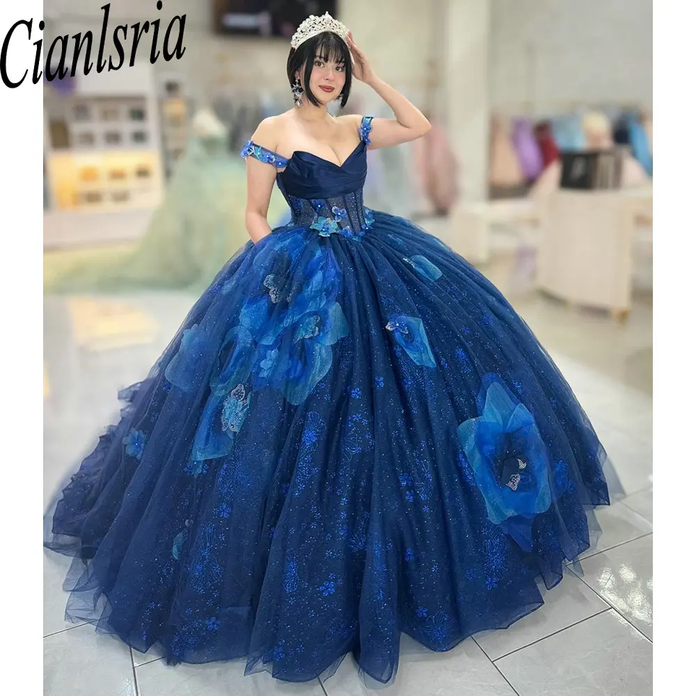 Vestido De quinceañera azul oscuro con lentejuelas y purpurina, vestido De baile De cristal, hombros descubiertos, corsé con flores 3D, 15 Años