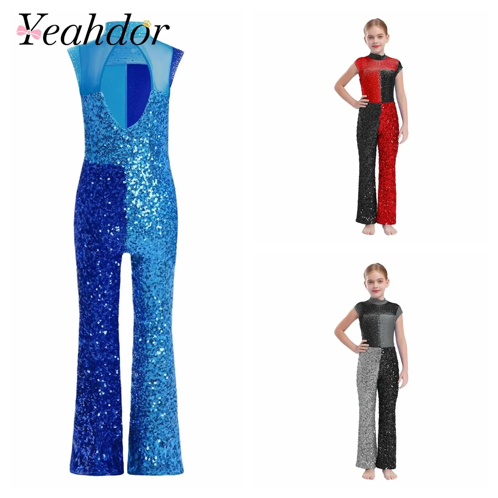 Kids Sequins Jumpsuit for Girls Color Block Street Bodysuit Children Jazz Dance Costume Sleeveless Bodysuit Glittery Dancewear