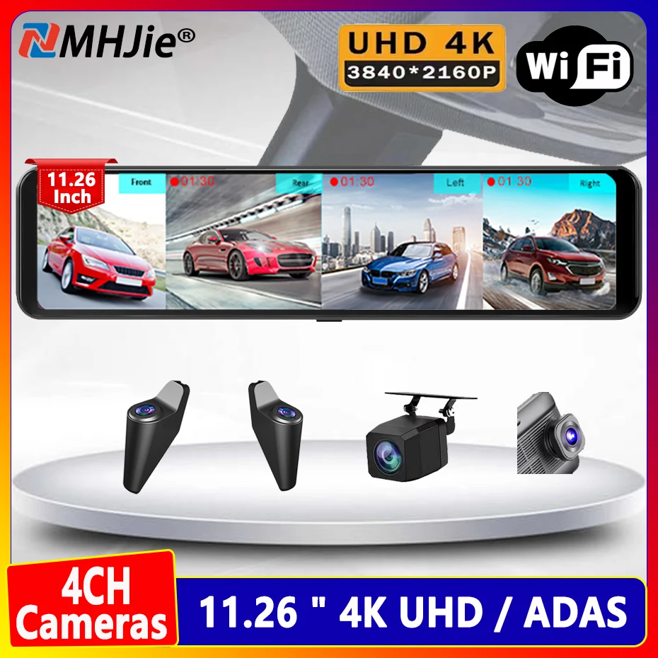 11.26 Inch 4CH Mirror Dash Cam 4K Front Rear View Mirror 4 Cameras Video Camera with ADAS BSD WIFI 24H Parking DVR