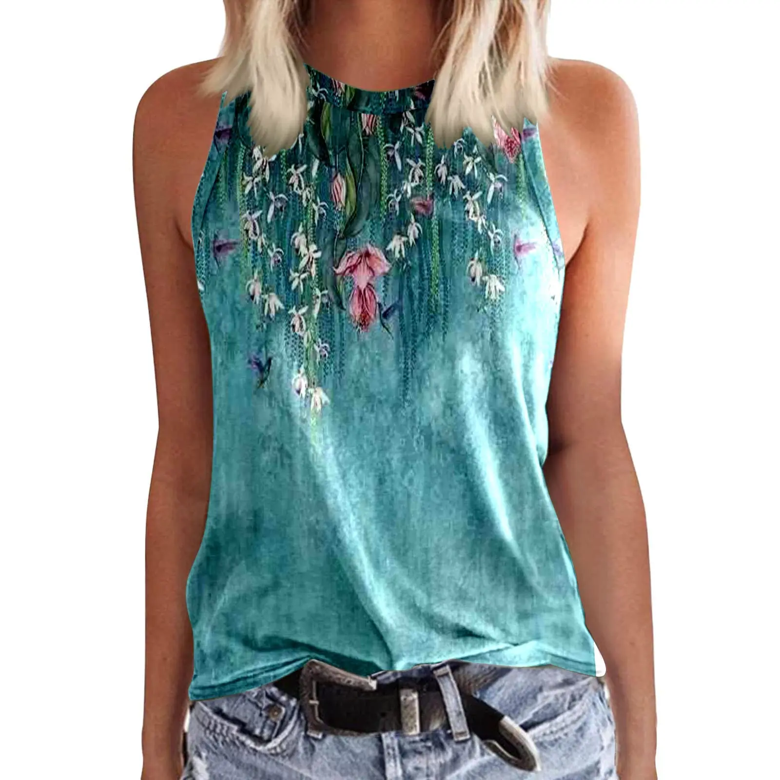 Kolorowe kwiatowe podkoszulki z nadrukiem 3D moda damska O-Neck kamizelka bez rękawów Streetwear letnia Casual Camisole dziewczyna odzież damska — zdjęcie 5