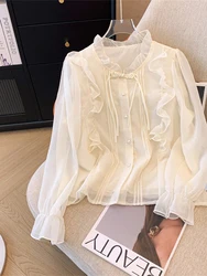 Women's Apricot Shirts and Blouses Y2k Vintage Aesthetic Streetwear Korean 2000s Elegant Long Sleeve V-Neck Shirt Autumn Clothes