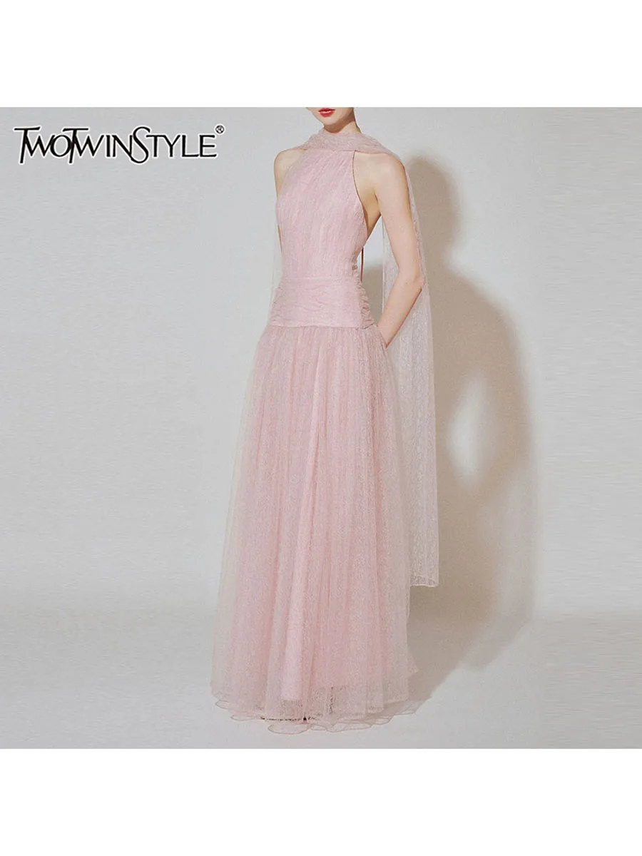 TWOTWINSTYLE Solid Spliced Tulle Slim Maxi Dress for Women Halter Neck Sleeveless Patchwork Lace Up Dresses Female Fashion Style