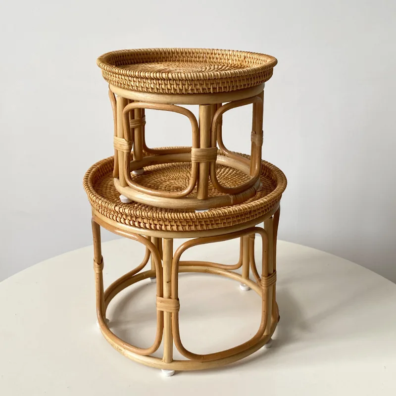 Handmade autumn rattan woven idyllic courtyard balcony living room refreshments cakes fruit round small side few retro features