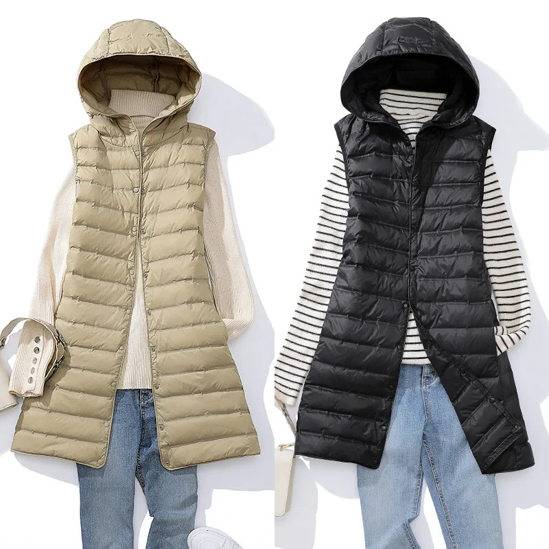Women Sleeveless Long Waistcoat Autumn Winter Ultra Light Down Vest With Hooded Female Portable Duck Down Coat