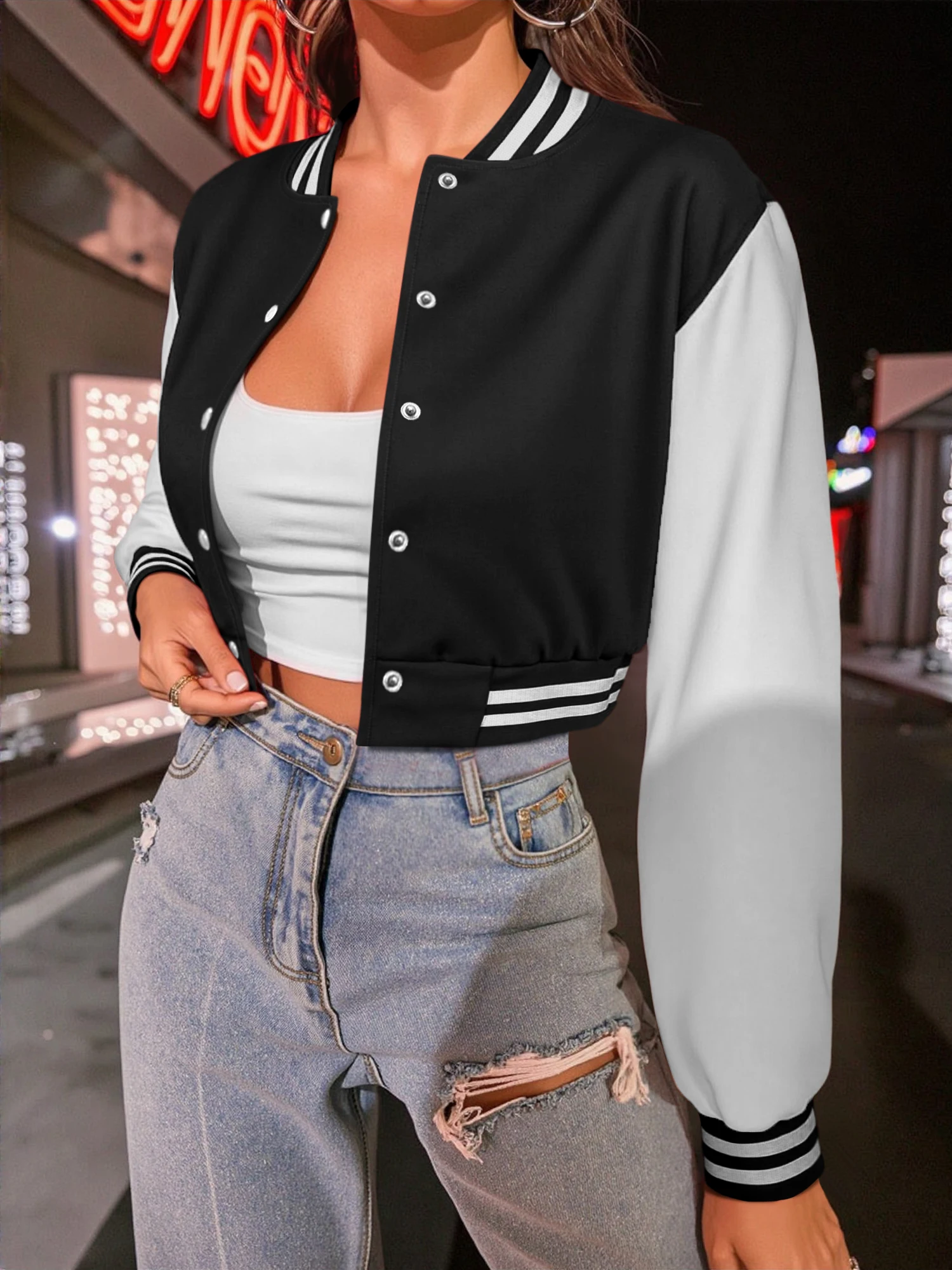 Ins Popular Y2K Cropped Varsity Coat Ladies Patchwork White Sleeve Striped Hem Collar Casual Button Baseball Jacket