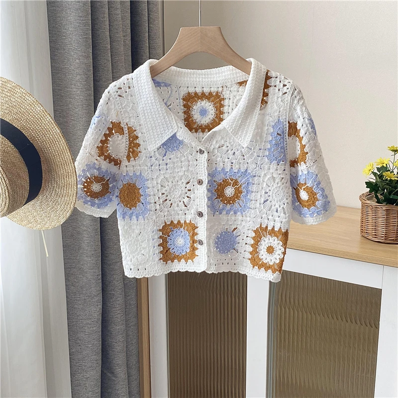 Granny Square Crochet Button-up Top Short Sleeve Sheer Open-knit Crop Cardigan for Women Teengirl Fairycore Vintage Outfit