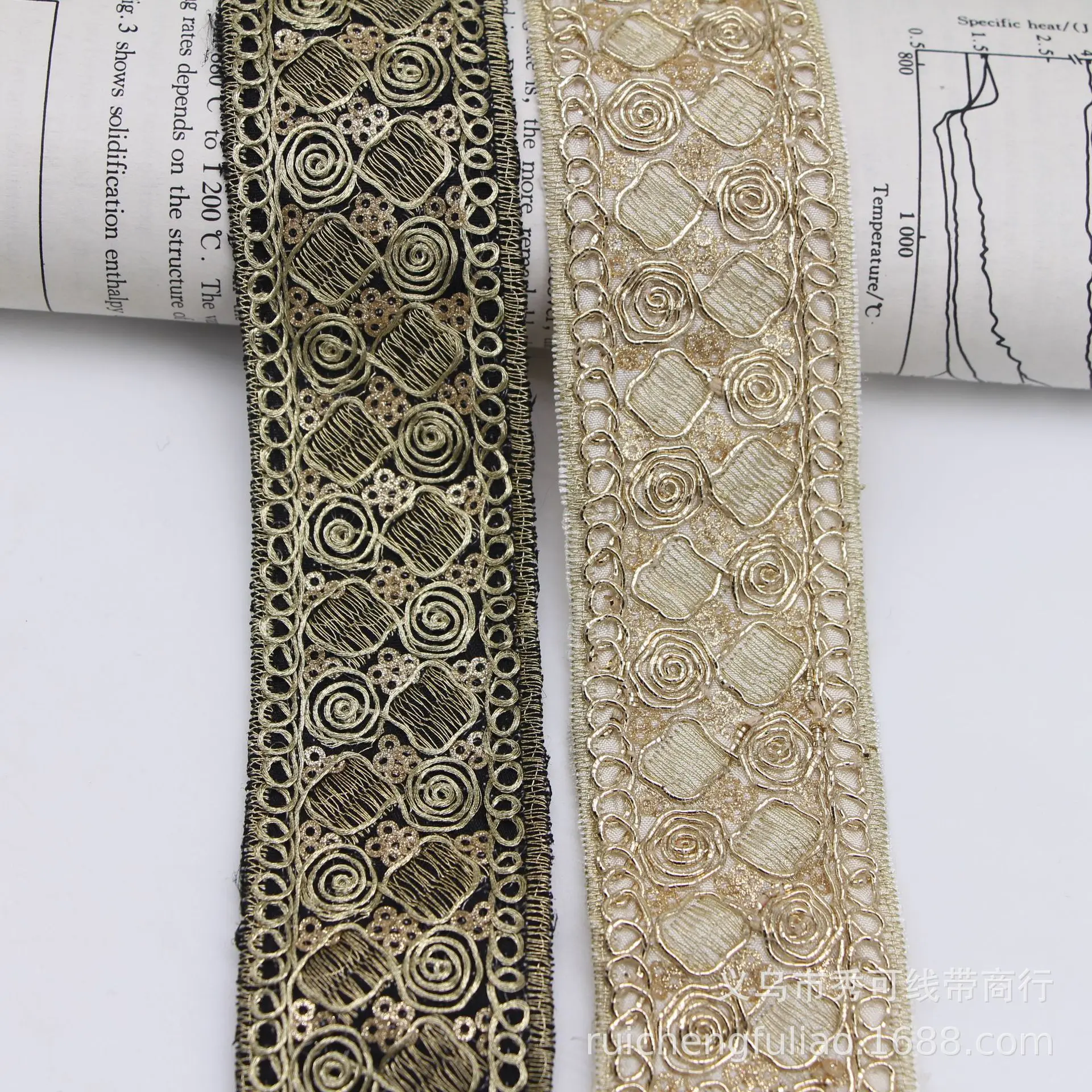 2y Retro Beige Black Trim High End Golden Embroidered Webbing Indian Lace Sewing Ribbons Clothing Decorative Sequins Lace Trim