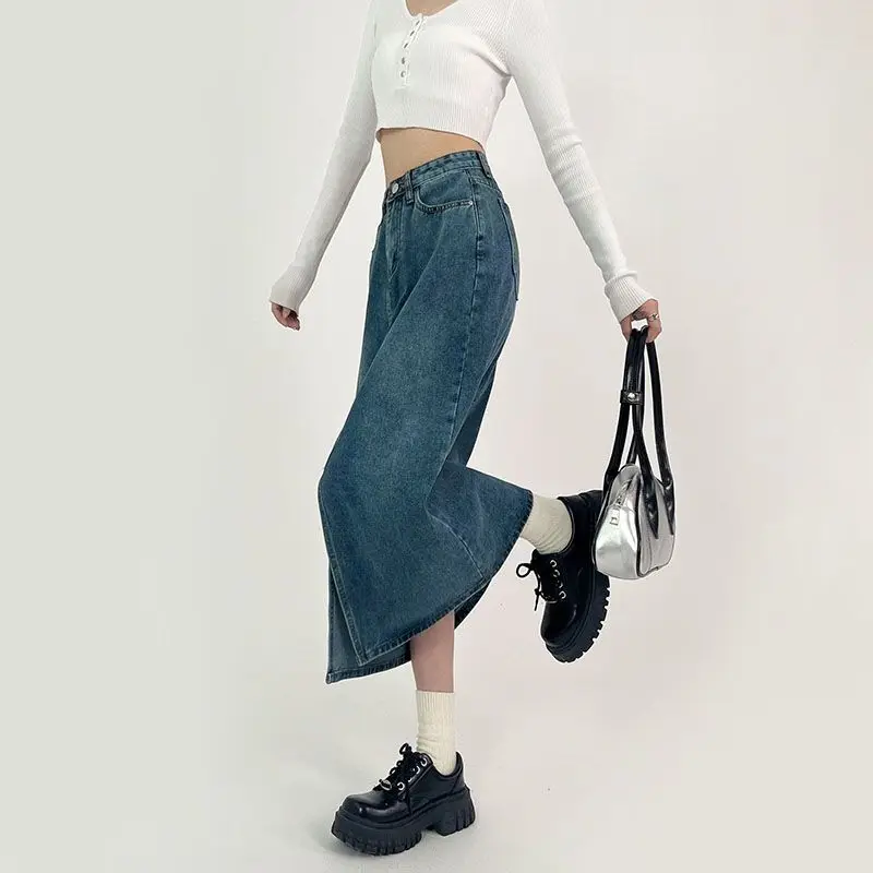 Slit A-line Denim Skirt for Women Spring Autumn High-waisted Jeans Skirt Light Blue Casual Vintage Y2k Fashion Clothing