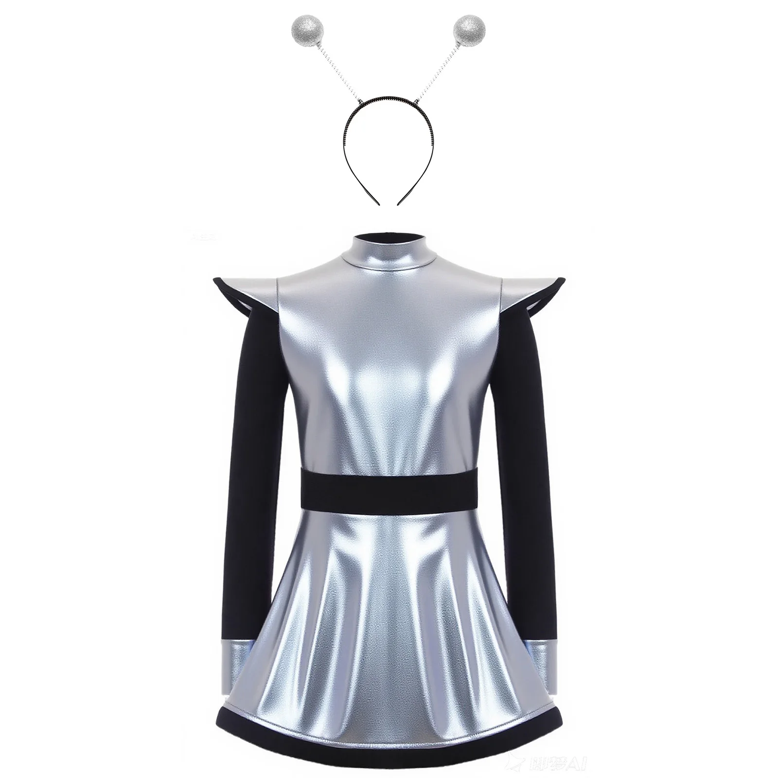 Kids Girls Alien Space Cadet Robot Astronaut Cosplay Dress Metallic Shiny Zipper Leotard Dresses for Halloween Carnival Party