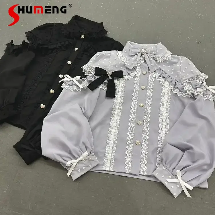 Japanese Mine Mass-Production Black and Pink Lolita Shirt Women Sweet Lace Bow Off-Shoulder Tops High Waist Shorts Skirt Set
