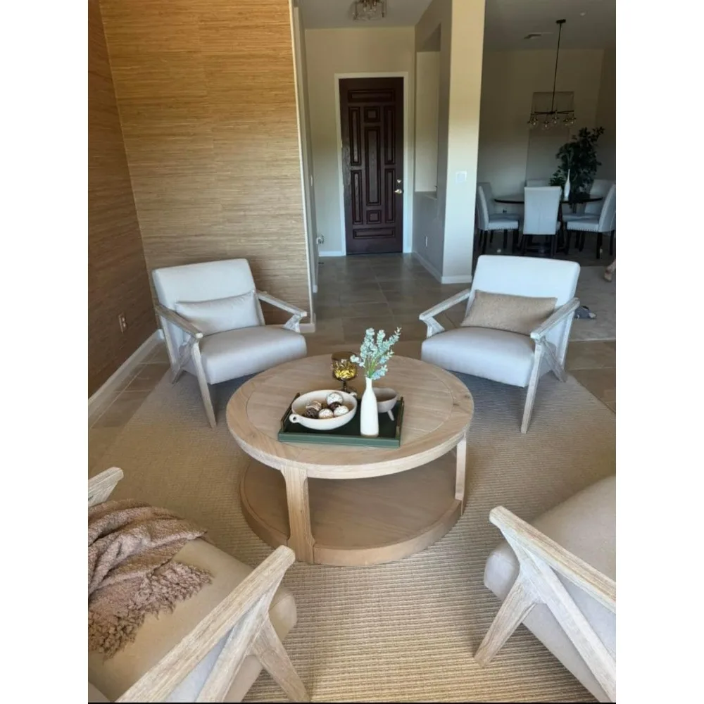 طاولة القهوة المستديرة الخشب البلوط 40 "طاولات القهوة لغرفة المعيشة الحديثة دائرة مركز 2-Tier الصلبة سطح المكتب أضيق الحدود