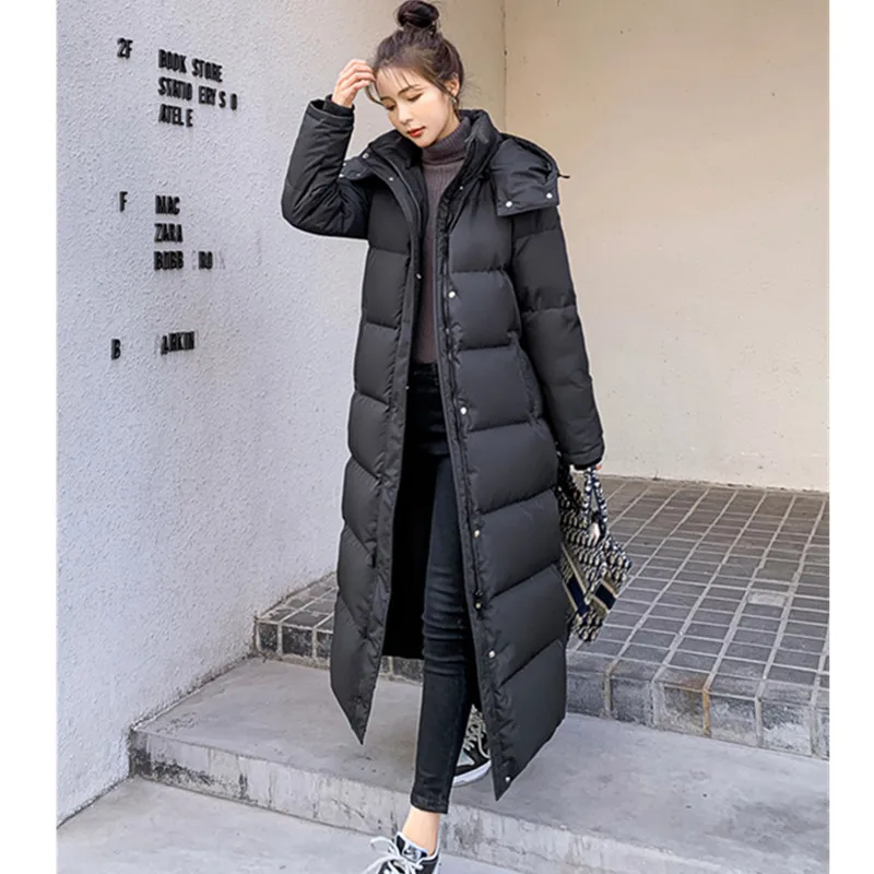 2024 Winter New Korean Thicken X-Long Down Jacket for Women Hooded Extra Long White Duck down Coat Female Warm Parker Overcoat