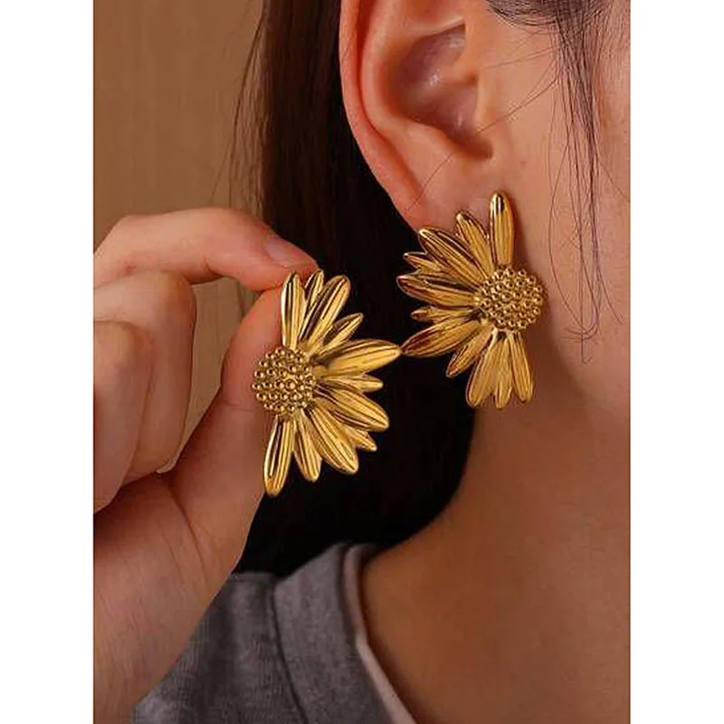 Pendientes de tuerca de medio girasol de Color dorado de acero inoxidable para mujer, pendientes personalizados Vintage, regalos de joyería para ella