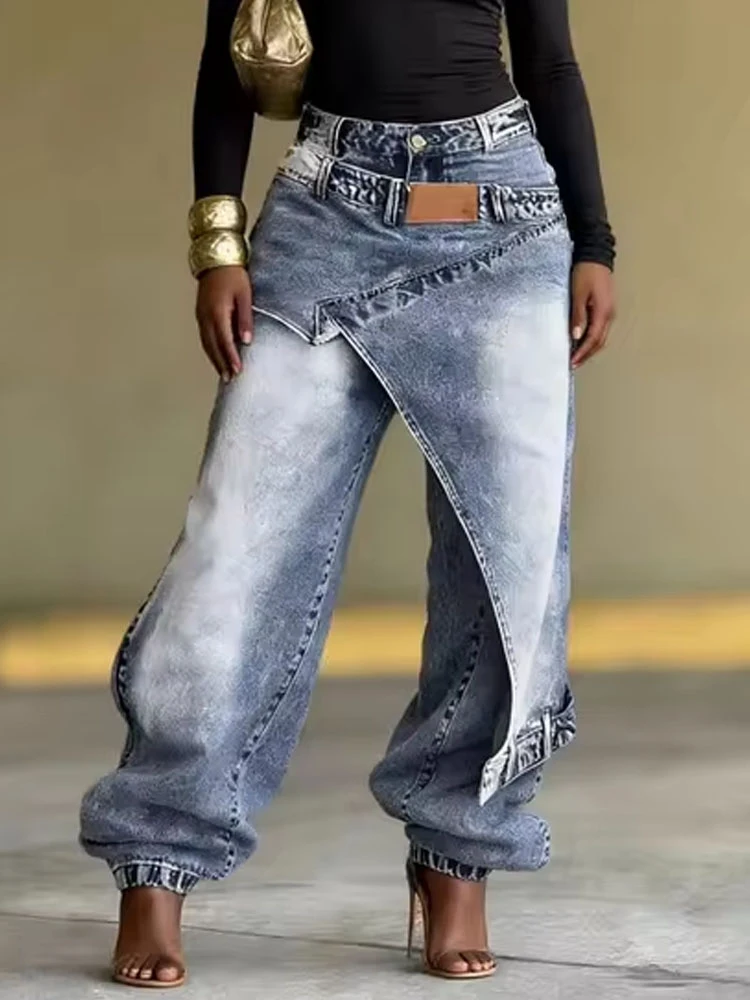 

American retro Women Spliced Jeans High Street fake Two Piece Mid Waist Washed Loose Wide Leg Denim Pants 2026 Hip Hop Jeans