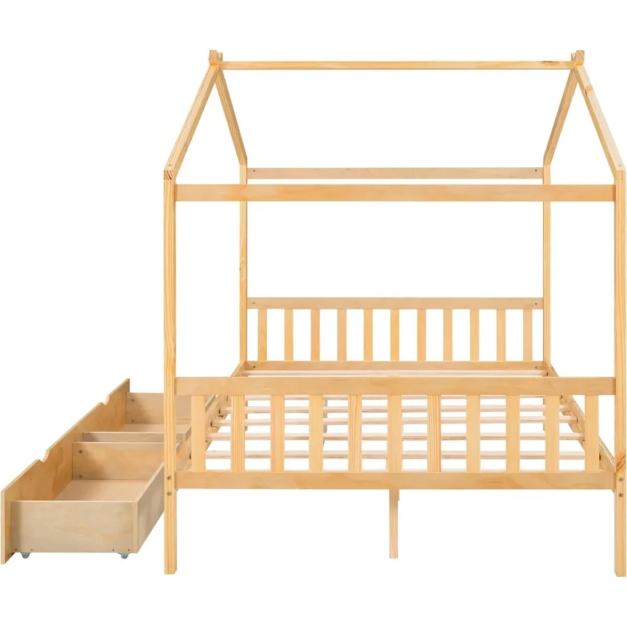 Full Size House Bed for Montessori Wood Platform Frame With 2 Storage Drawers Headboard and Footboard Ideal for Girls Boys Bedr