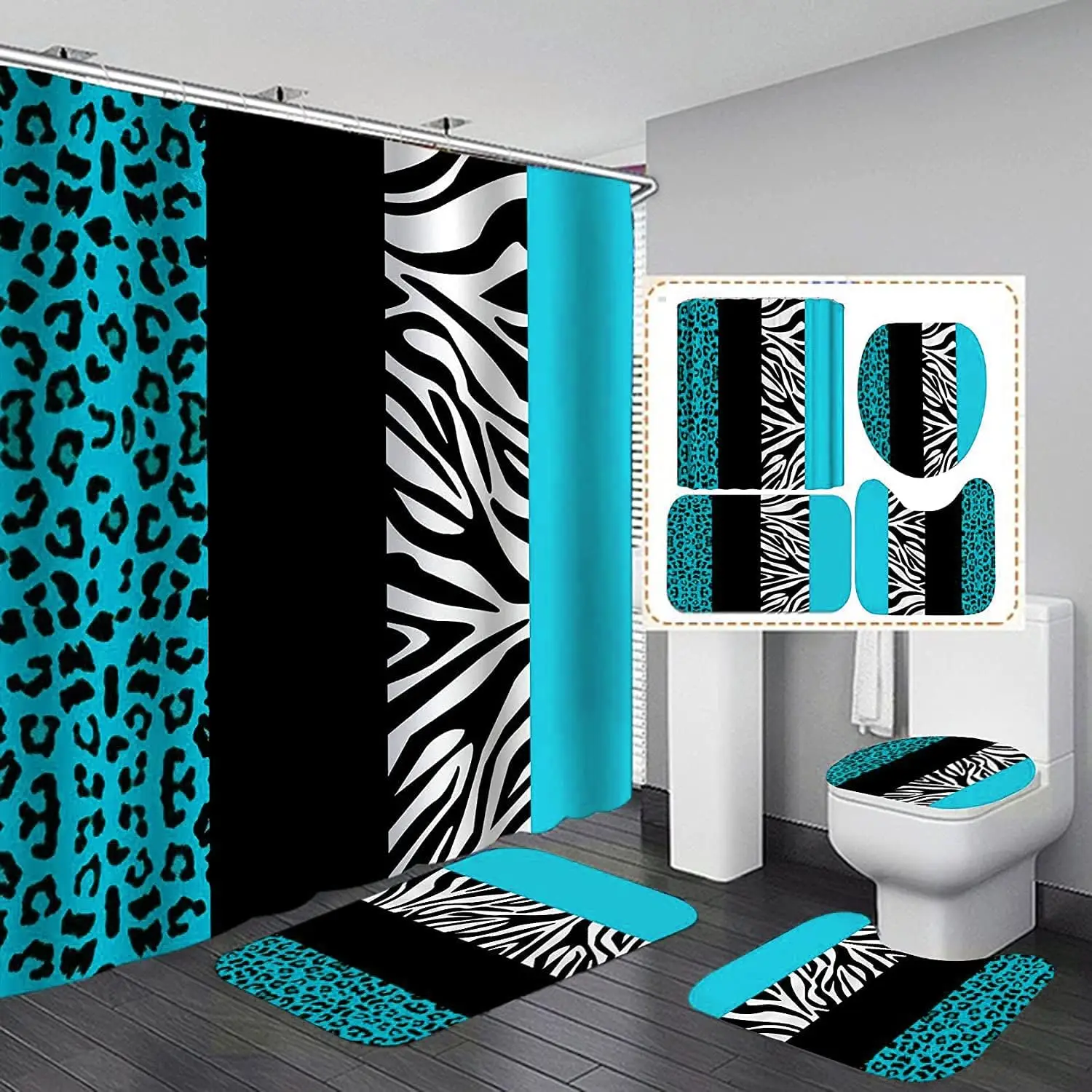 4PC Leopard Teal Bathroom Set - Waterproof Shower Curtain with 12 Hooks,Non-Slip Mats & Toilet Cover,Complete Animal Print Decor