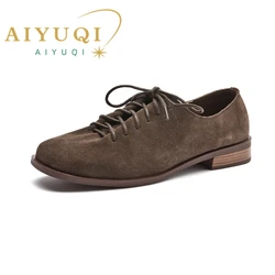 AIYUQI Women Loafers Shoes Genuine Leather Thick Heels Student Shoes Female Lace Up British Style Lady Oxford Shoes Footwear
