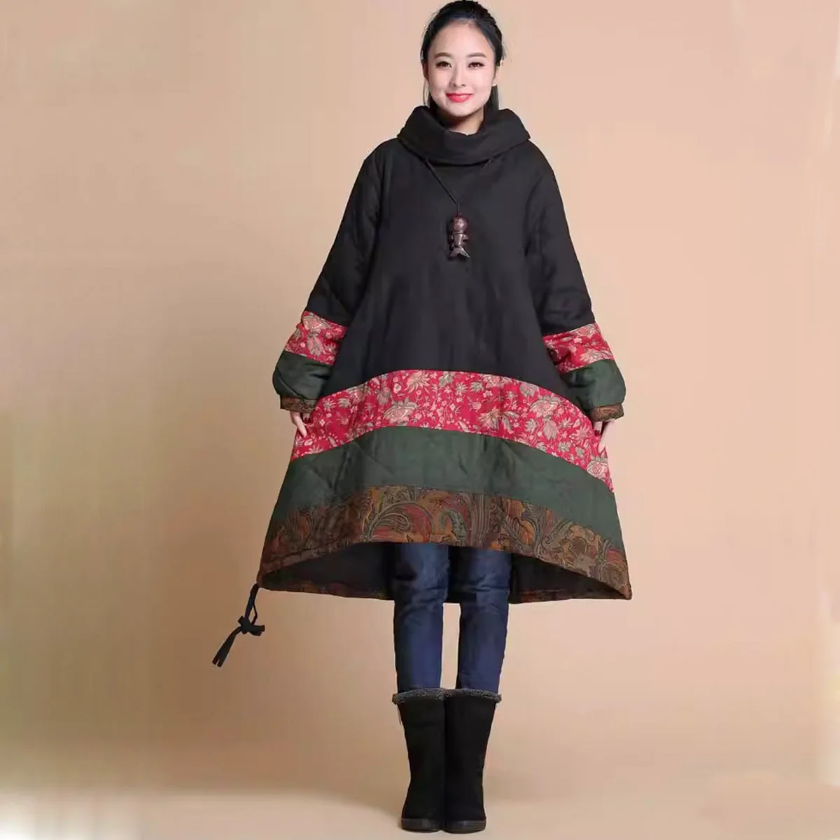 

Женская зимняя верхняя одежда, теплая стеганая водолазка, куртка с длинными рукавами, пуловер из хлопка и льна в стиле пэчворк, уникальная туника на шнурке, парка