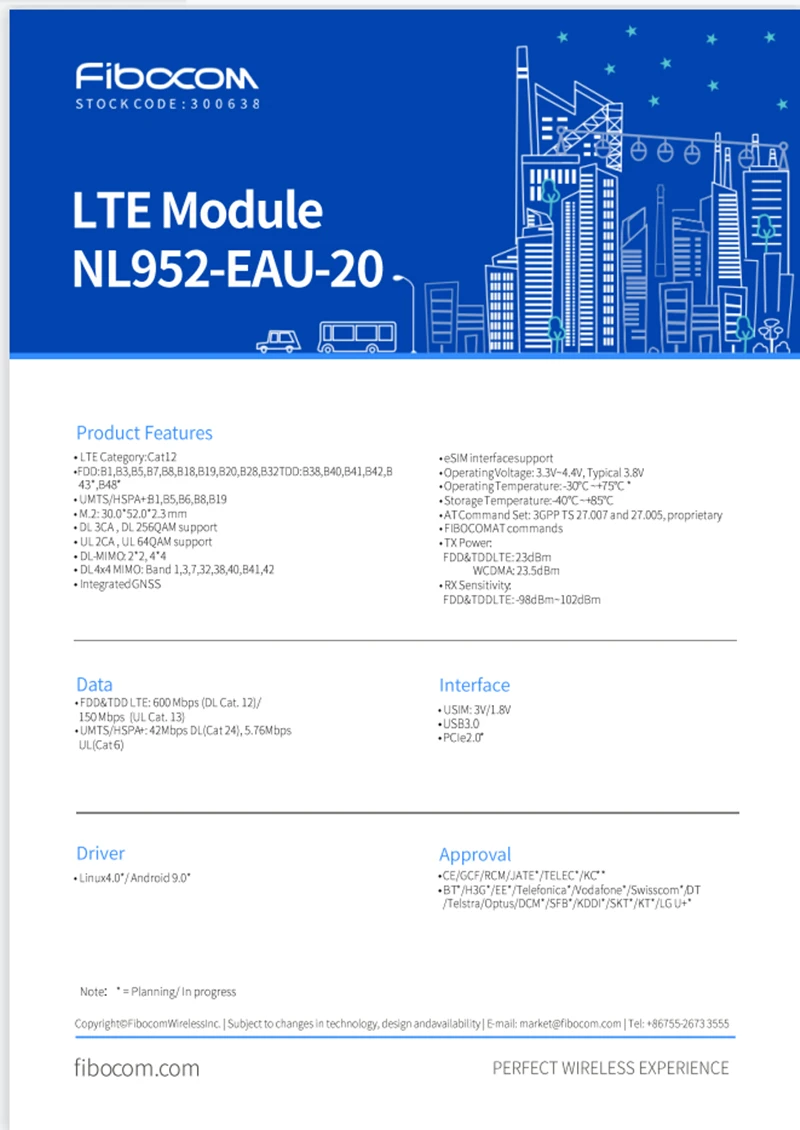 Фиброком NL952-EAU NL952-EAU-10-01(CAT18) NL952-EAU-20-00 (CAT12 4G M.2 LTE Module B1/3/5/7/8/18/19/20/28/32 GPS/ГЛОНАСС/Galileo