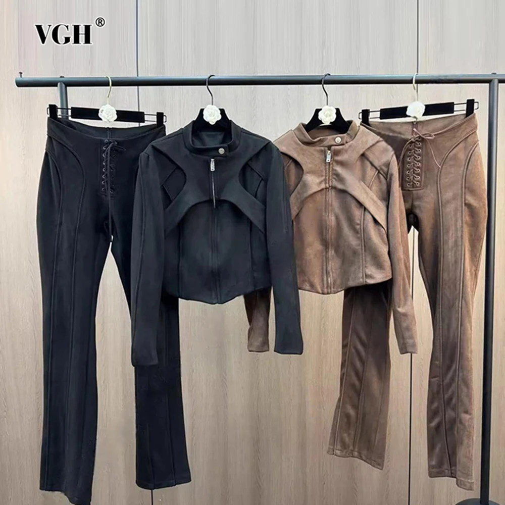 VGH Brown Color 2 Piece Set For Women Stand Collar Long Sleeve Short Coat High Wasit Drawstring Streetwear Suit Trousers Female