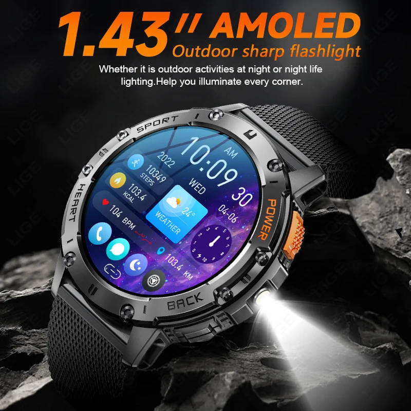 LIGE Men Smart Watch Outdoor LED Flashlight 530mAh Bluetooth Call Watches Sports Fitness Tracker Health Monitor Smartwatch Man