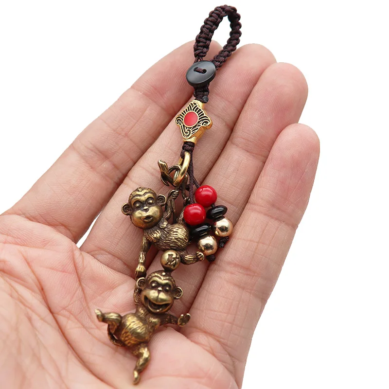 Antique Copper Monkey Figurines Keychain Pendant Lucky Cat Key Ring Hangings Jewelry Vintage Brass Cute Animal Funny Child Gifts