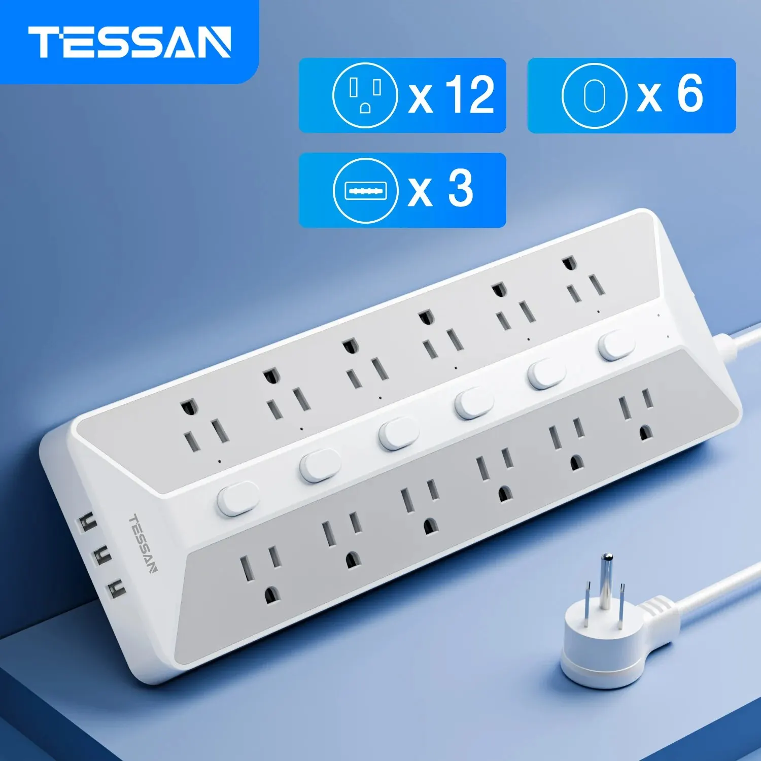 TESSAN USB Power Strip with 12 Outlets 3 USB Ports 6 Independent Switches Long Extension Cord 6ft with Surge Protector for Home