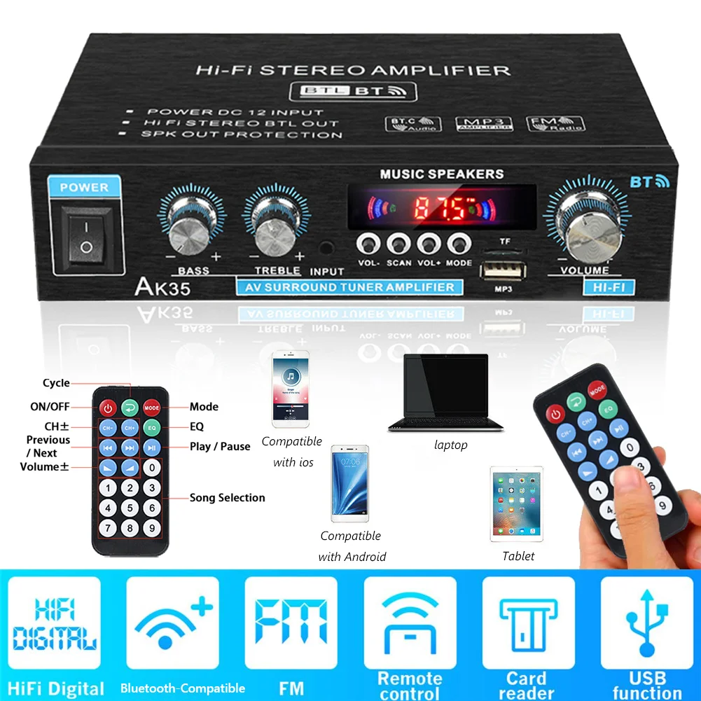 HiFi Digital AK35 Bluetooth Amplifiers MP3 Channel 2.0 Sound AMP Support 110V-240V for Home Car FM USB Remote Control