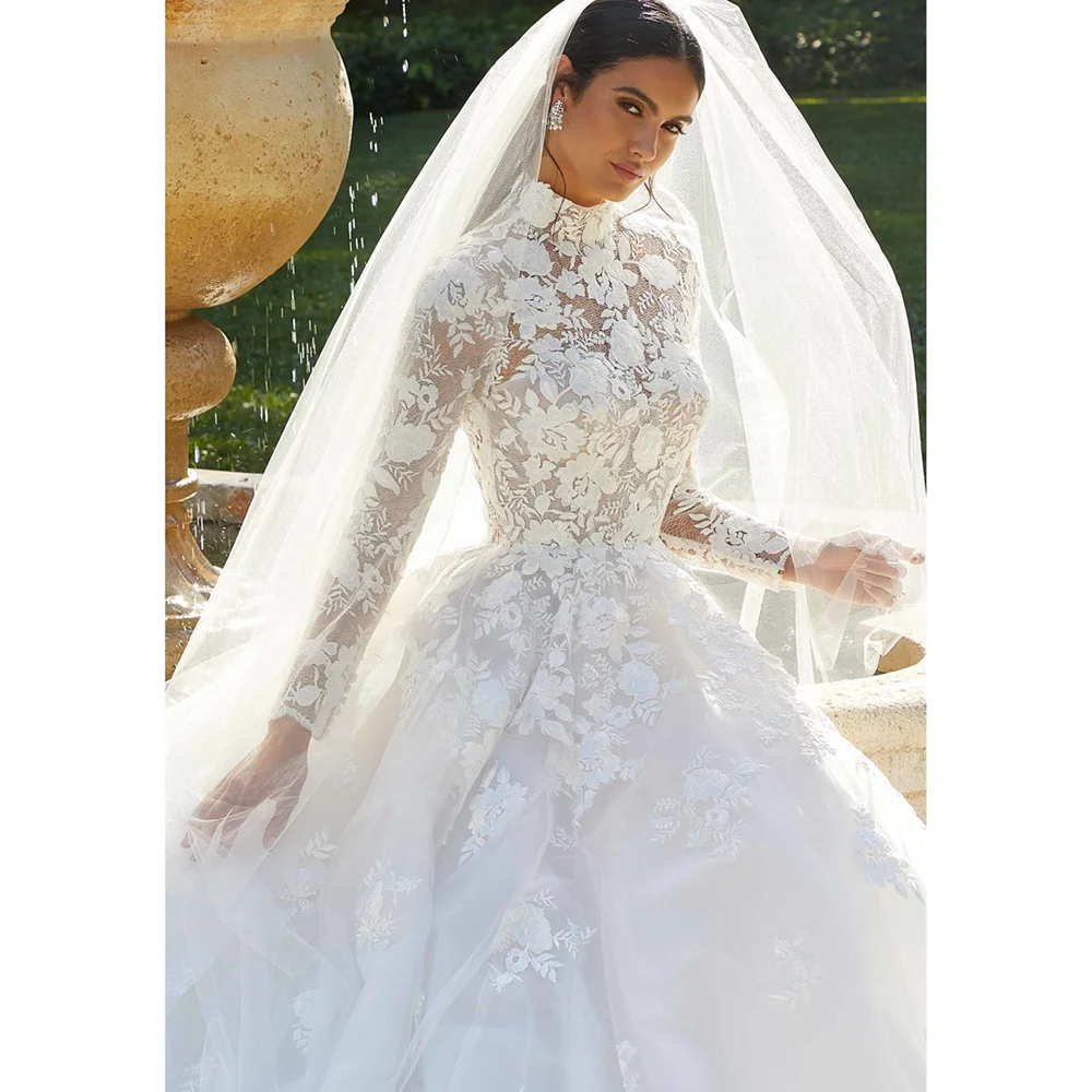 Fashion White Wedding Dresses Lace Appliques A-Line Gowns Elegant High Collar Long Sleeves Court Train Chic Bridal Dresses