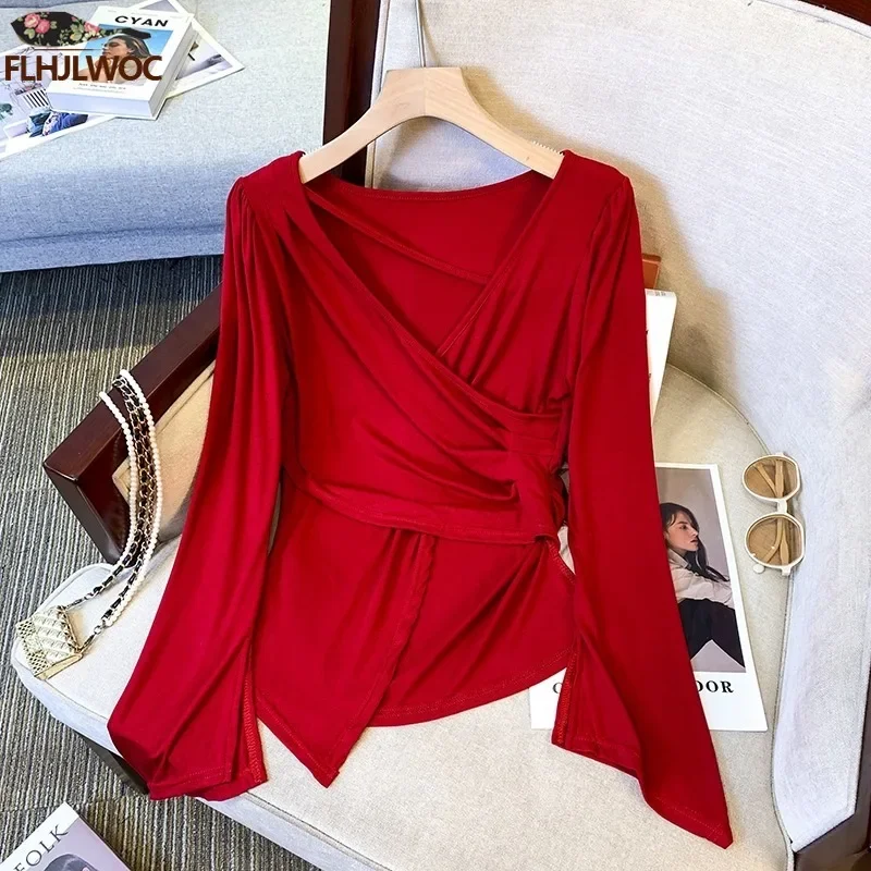 New Year Red Tops Elegant Women Fashion French Design Office Lady Basic Wear Outfits Solid Sexy V Neck Tops Blouses