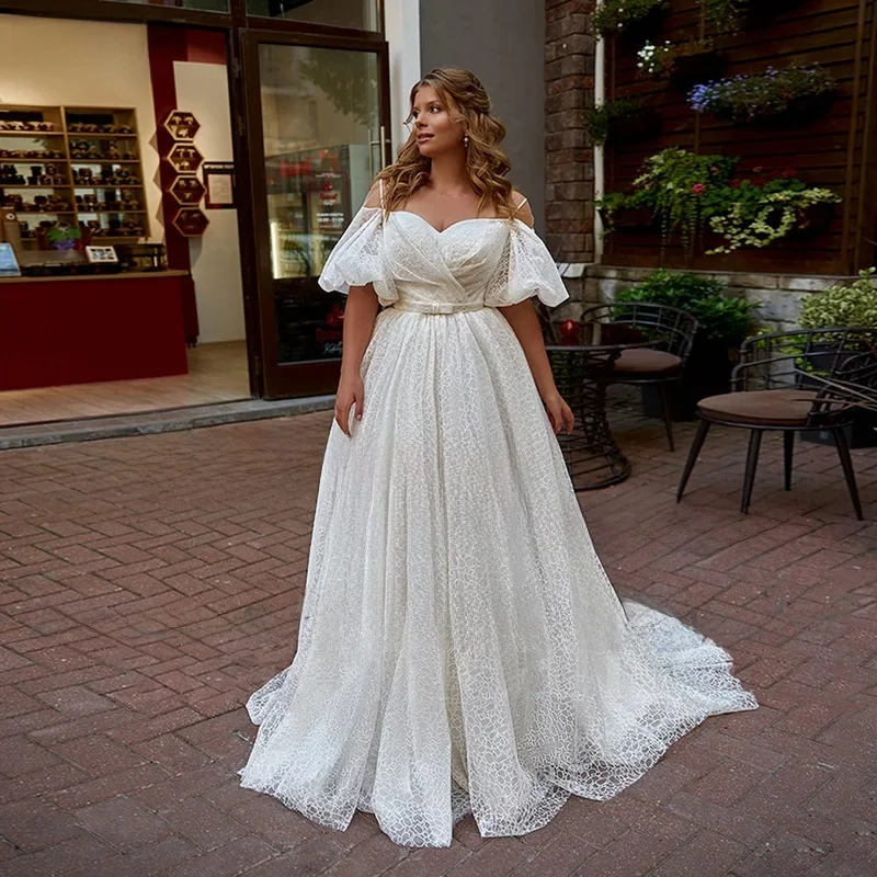 

MCDV Ivory Wedding Dresses Women Short Sleeves Sweetheart Glitter Bridal Gown Customized Sweep Train Robe De Mariage