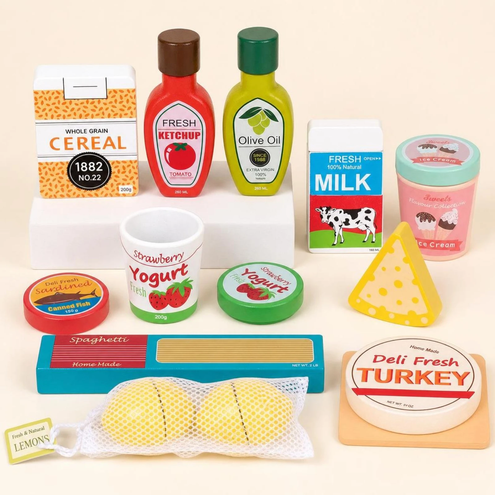 9 Pieces Wooden Play Food Set Interactive Wooden Pretend Food Set Play Kitchen Accessories Hands-on Non for Kids, Playroom