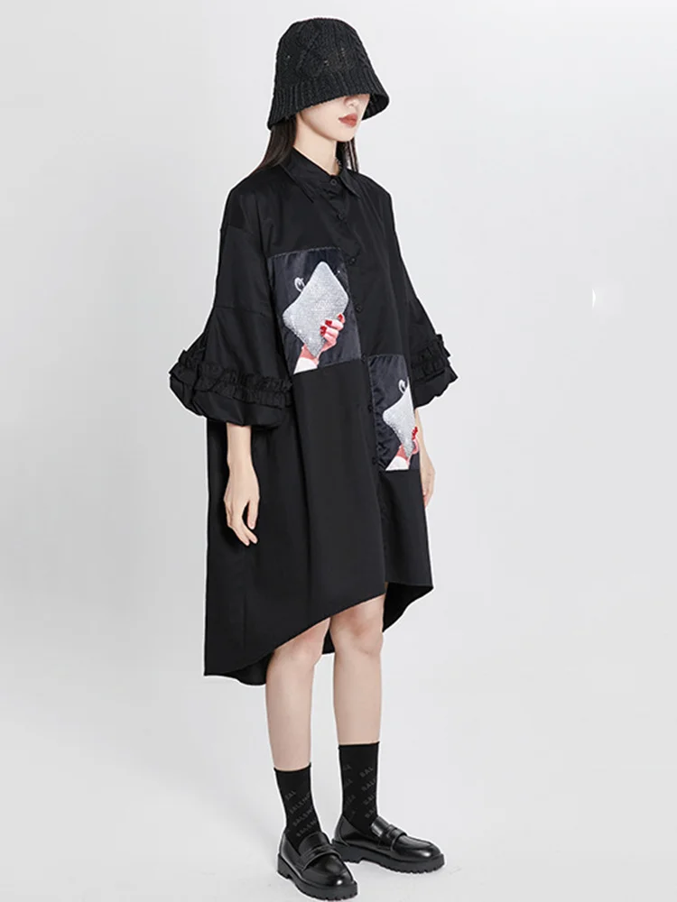 [EAM] Women Black Printed Big Size Irregular Shirt Dress New Lapel Long Sleeve Loose Fit Fashion Tide Spring Autumn 2024 1DE7356