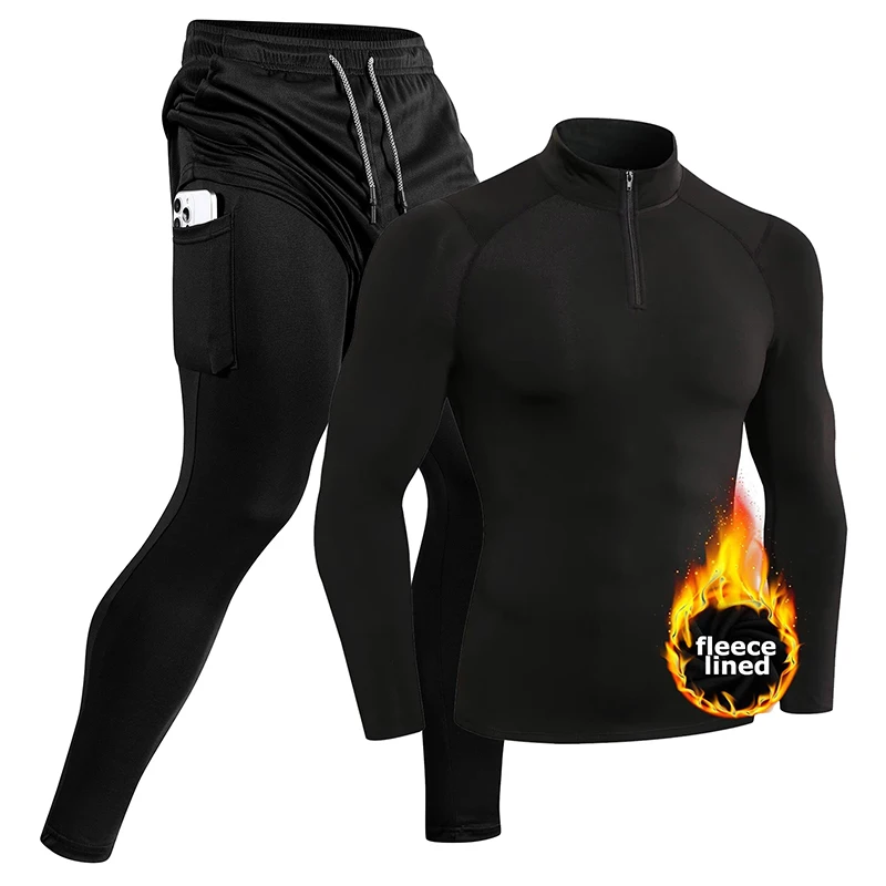 Mens Fall Winter Athletic Workout 2 Pcs Set Thermal Fleece Lined Compression Shirt Zippered Mock Neck Tops 2-in-1 Leggings Pants