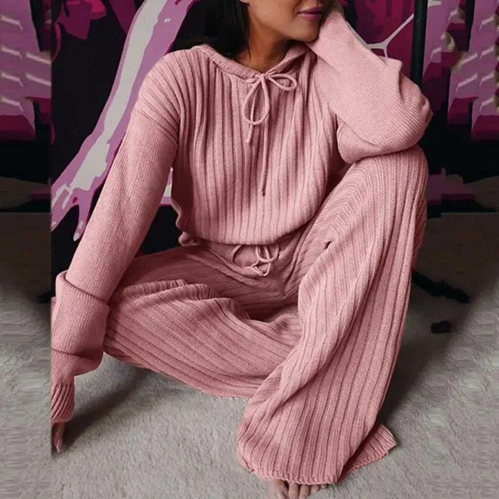 Sweater Trousers Set Two Piece Set Women Outfit Floor-Length Pure Color  Stylish Women Oversize Knitted Outfit Tracksuit