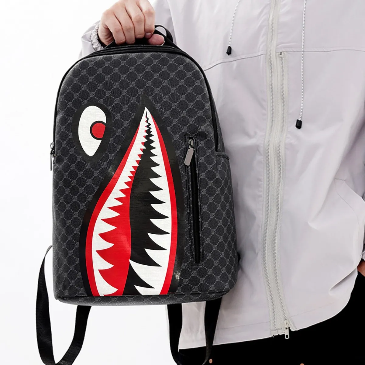 حقيبة ظهر رجالية مستوحاة من القرش - حقيبة نهارية كاجوال للأعمال بسعة كبيرة، حقيبة مدرسية جامعية أنيقة للحرم الجامعي
