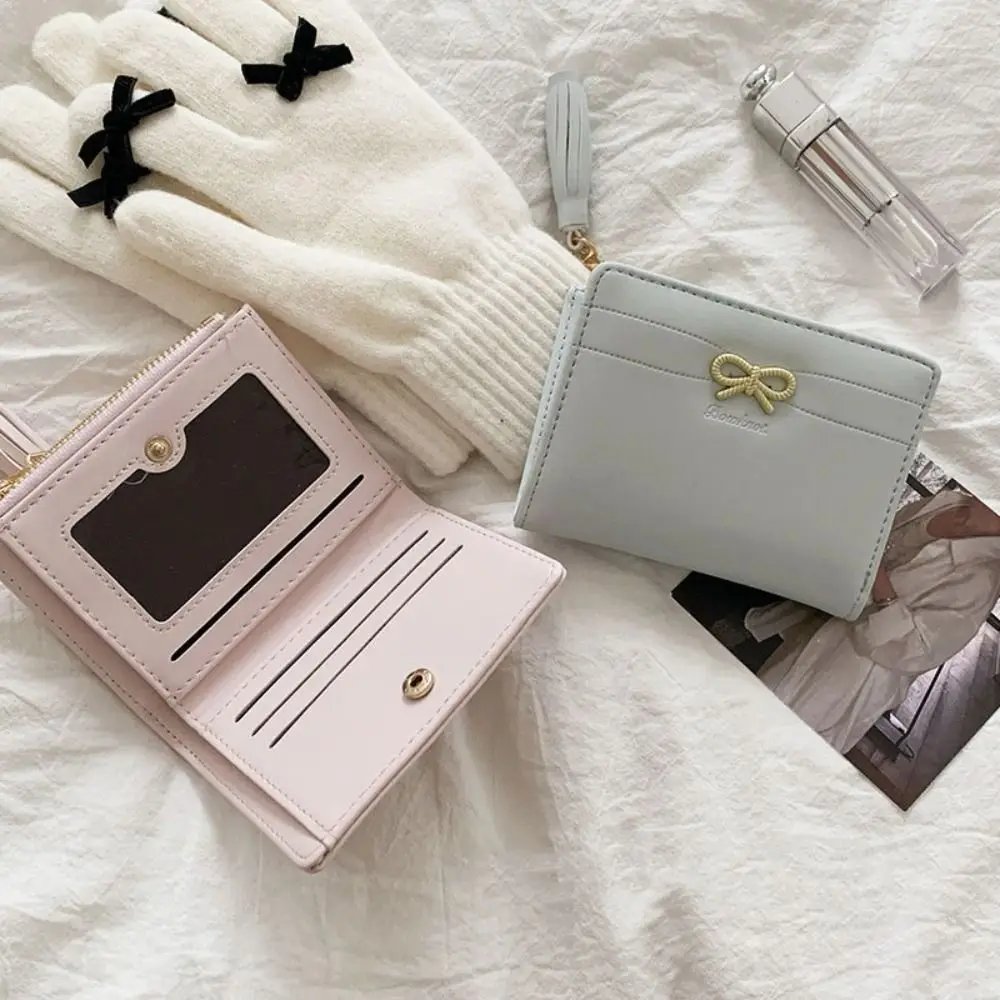 

Lovely Portable Bow Lady Purses Multiple Card Slot PVC Short PU Wallet Zipper Candy Color Folding Coin Purse Daily
