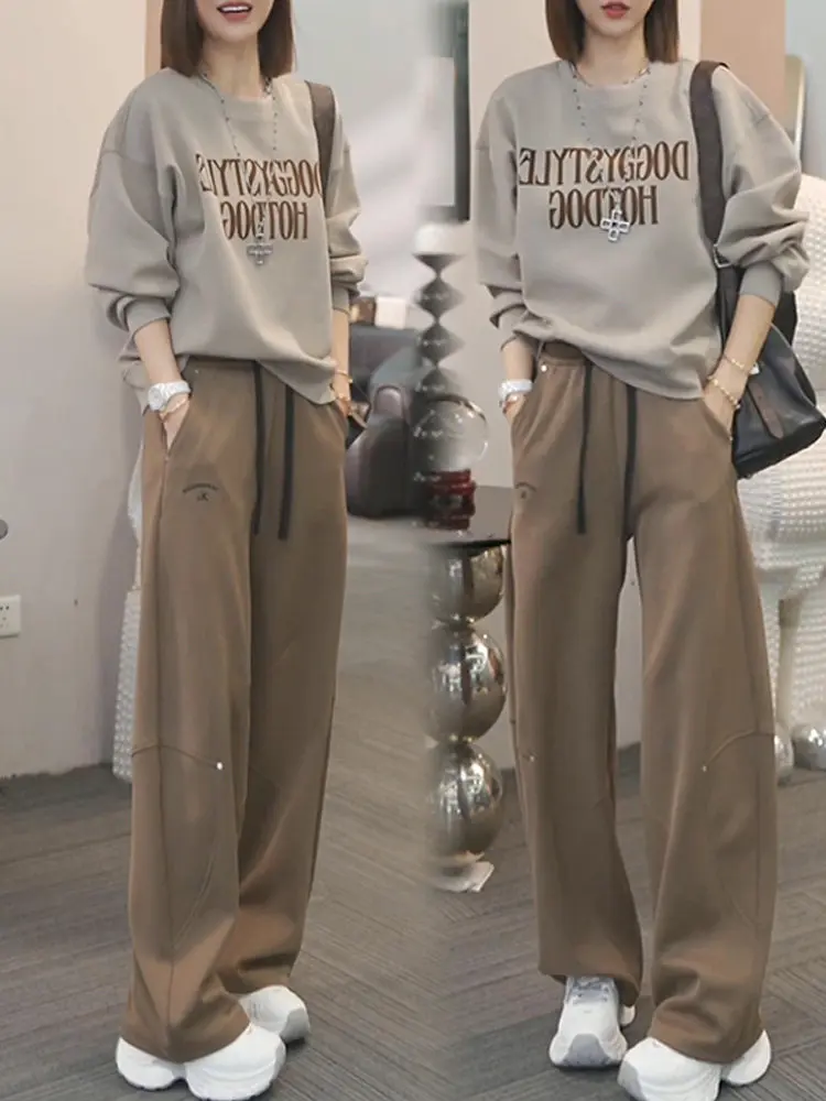 

Chic Long Sve Letter Print Wide Leg Pants Set Women's Faion Spring Autumn Two Piece Suit Comfortable Breathable V Ne T...