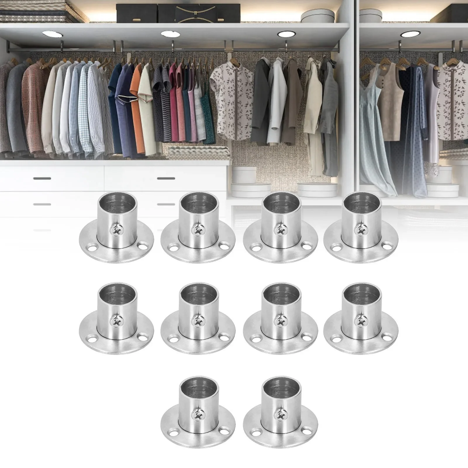 

10Set Flange Fixed Bracket Brushed Stainless Steel High Foot Support For Wardrobe Closet Cupboard 19mm 25mm Pipe