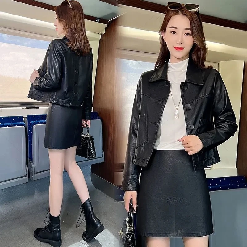 New Coffee Leather Jacket Ladies Fashion Solid Color Single-Breasted Spring And Autumn Loose Temperament Joker Cardigan Jacket