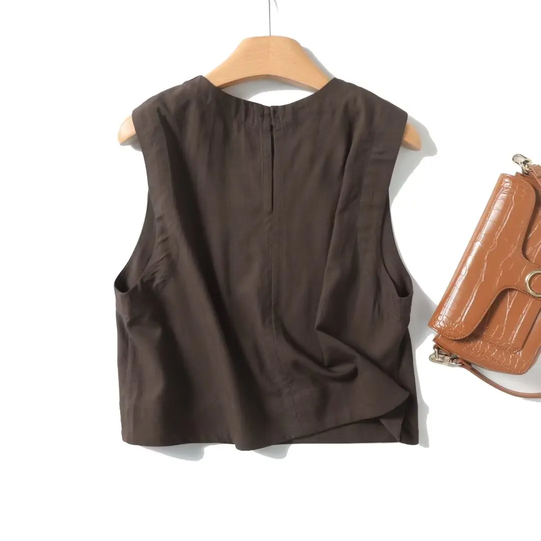 TRAFZA Casual French Luxury Melad Linen Women Shirt Sleeveless Tops Fashion 2024 Summer Elegent Office Lady Minimalist Blouse