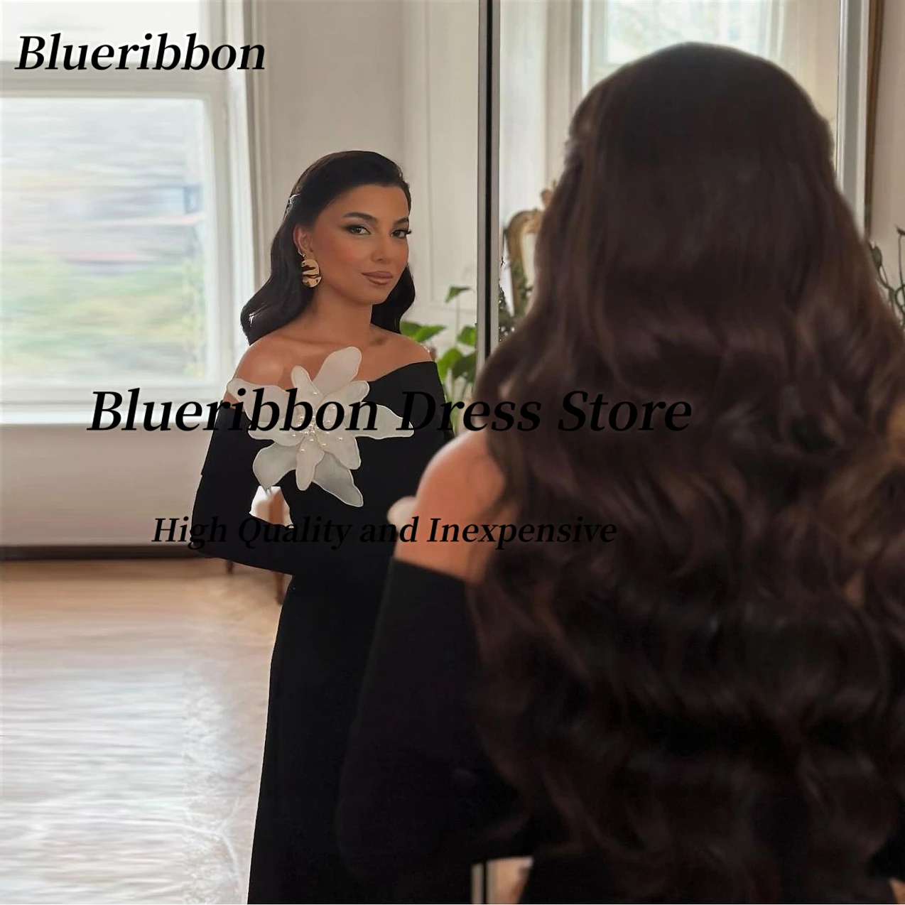 Blueribbon Boat Neck Black Prom Dresses with Big Flower Long Sleeves Evening Gowns Zipper Back Celebrity Holiday Party Dress