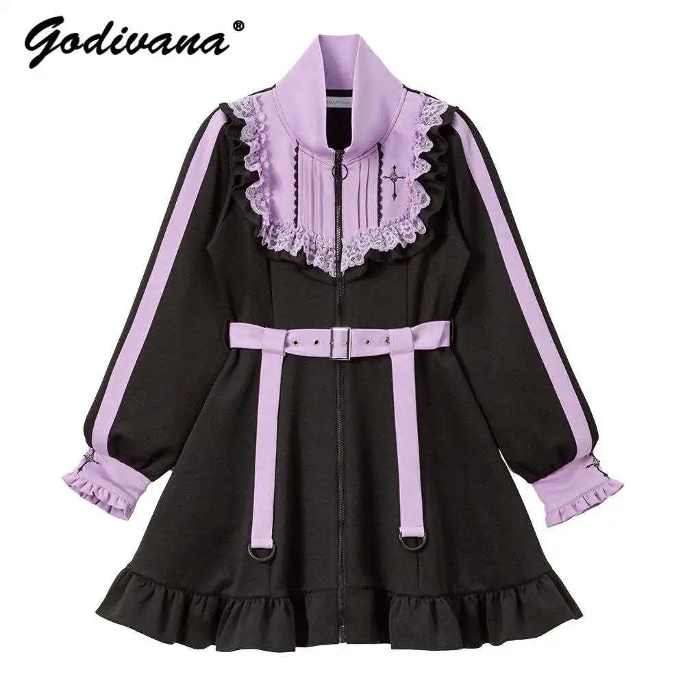 Autumn Winter New Japanese Sweet Mine Stand Collar Zipper Dress Women Girls Lolita Lace Edge Strap Long Sleeve Hoodie Dress Coat