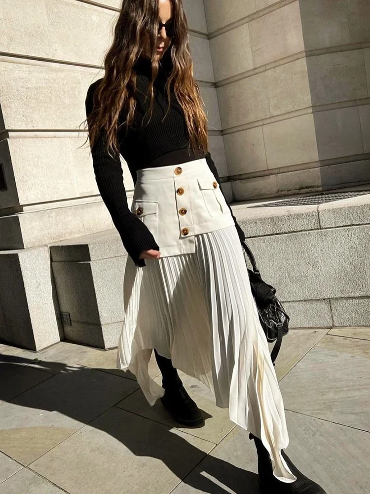 

Women Autumn Winter Elegant Chic Solid Pleated Skirt High Waist Patchwork Luxury Fashion With Pocket Irregular Skirt