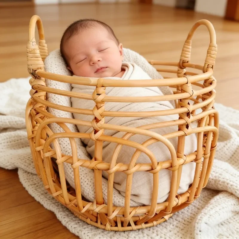 Rattan Basket Chair Retro Newborn Posing Bed Background Bebe Photo Accessories Baby Girl Boy Photography Props Shooting Gift
