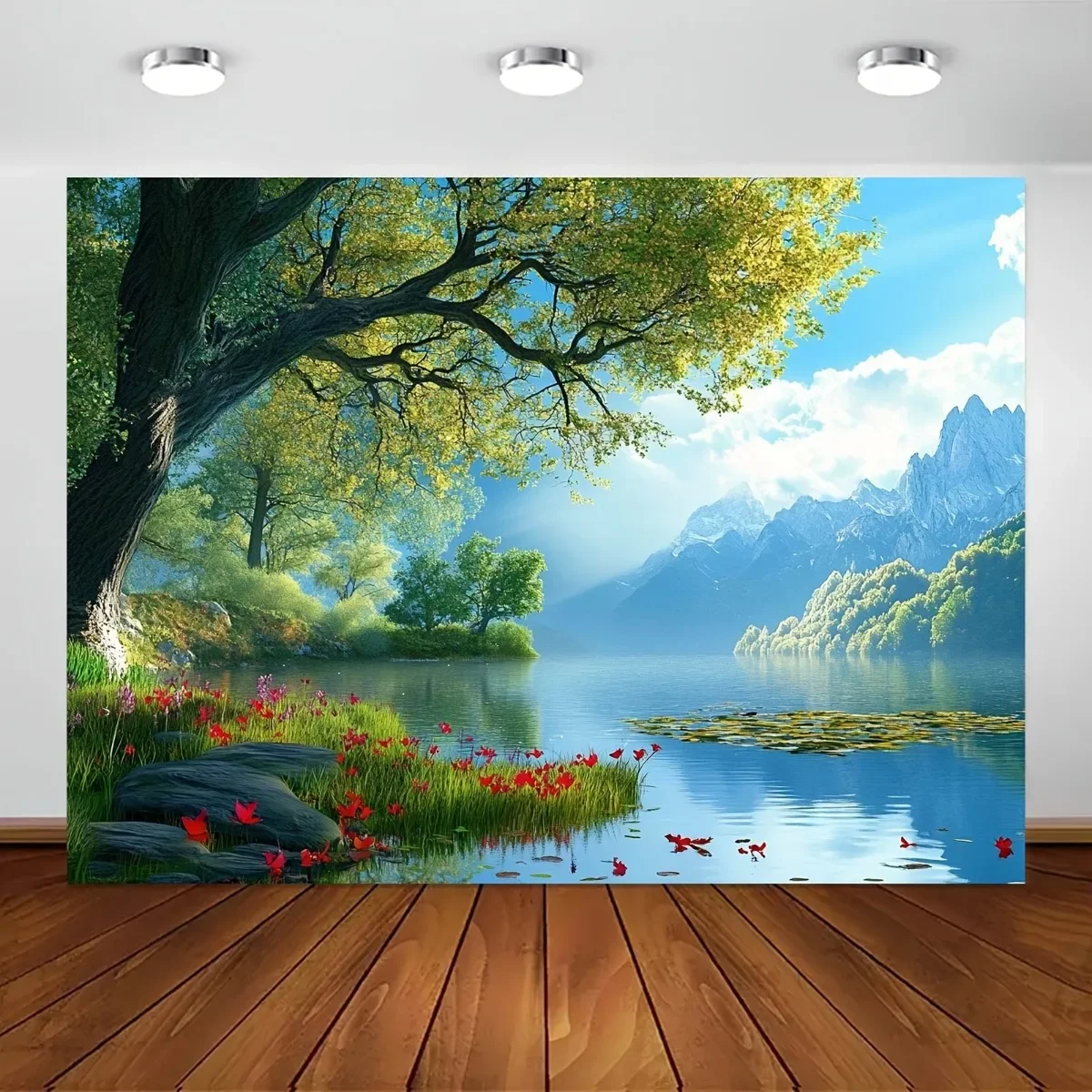 1pc serene lake mountain landscape tapestry tranquil nature scenery tree flowers reflection